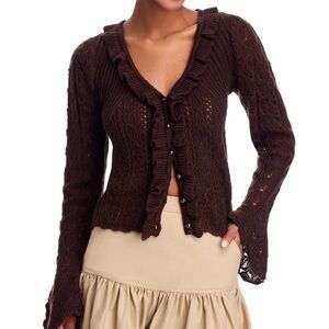 *Brand New* Farm Rio V Neck Cardigan Sweater     (Brown Ruffled Women's Sweater)